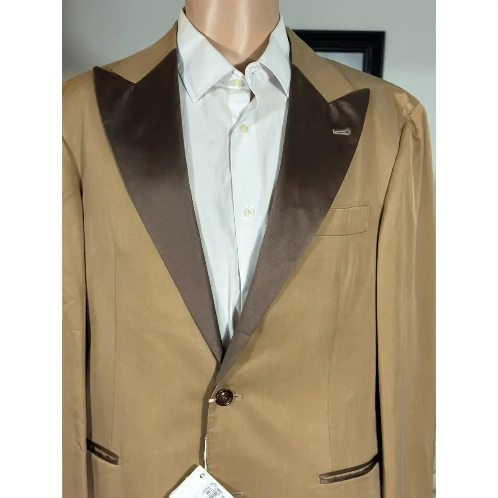New Brunello Cucinelli Silk Tuxedo 2pc Peak Lapels Caramel Brown 50R 40 36x29